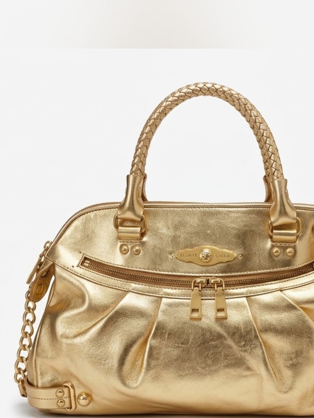 Elliott Lucca Metallic Gold 100% Leather Braided Top Handle Satchel Crossbody